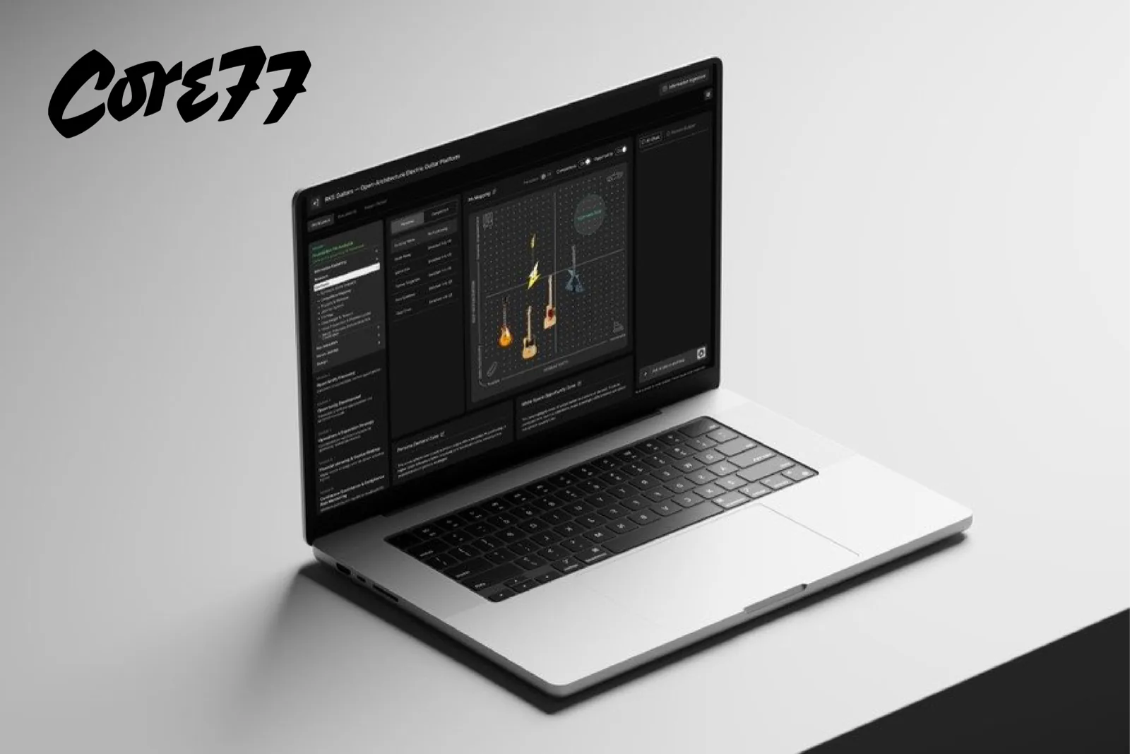 The Core77 logo above a laptop displaying the Eydora guitar platform interface on a dark screen.