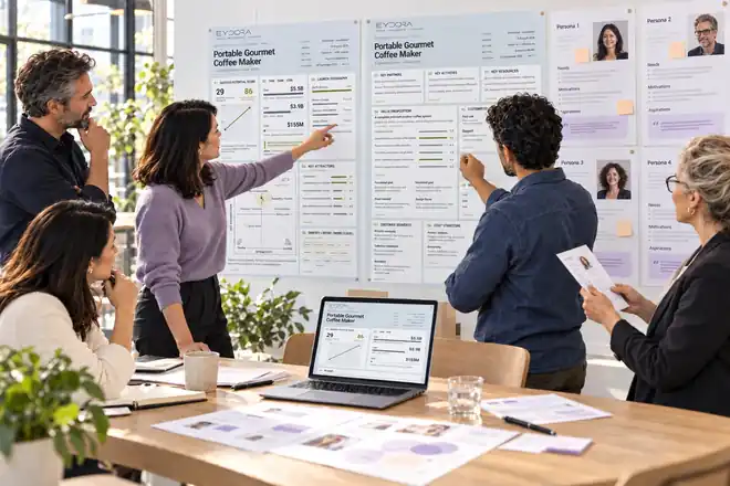 A team reviewing a PA Canvas and personas pinned to a wall