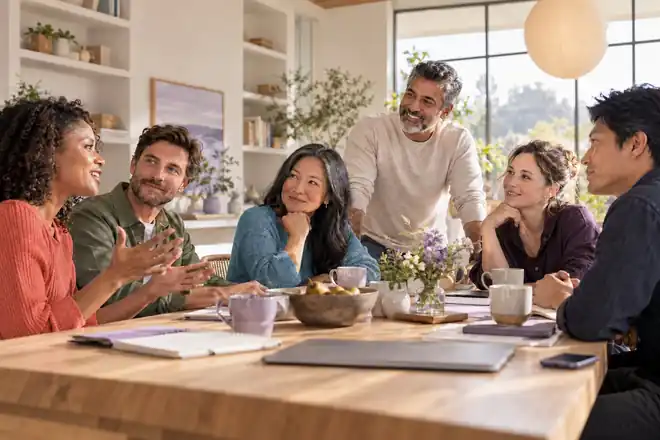 A team talking around a table, sharing ideas