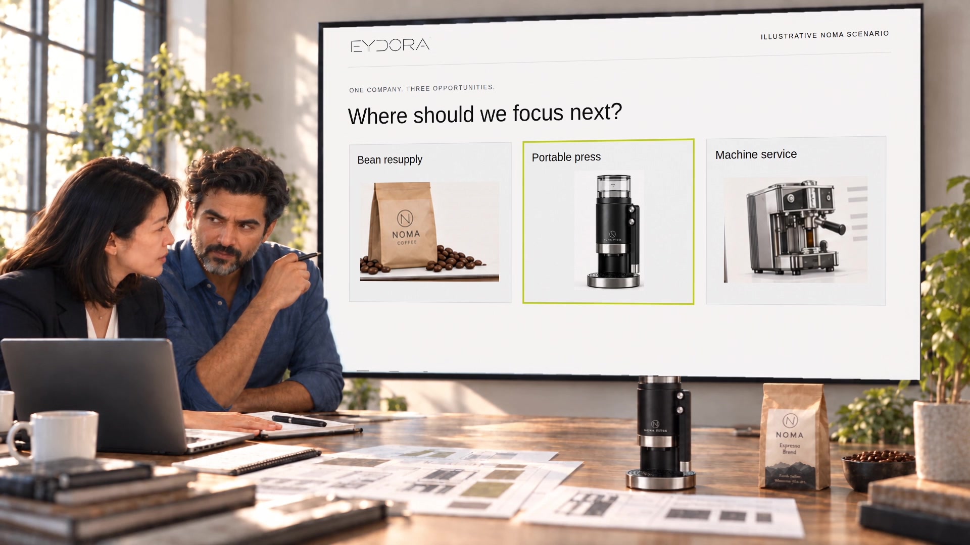 Two collaborators using Eydora to weigh three product opportunities on a large screen